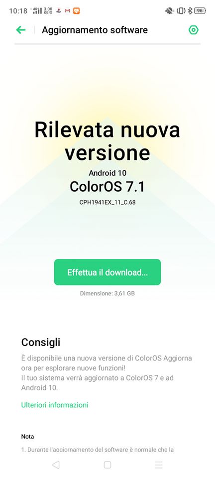 aggiornamento coloros 7.1 oppo a9 2020