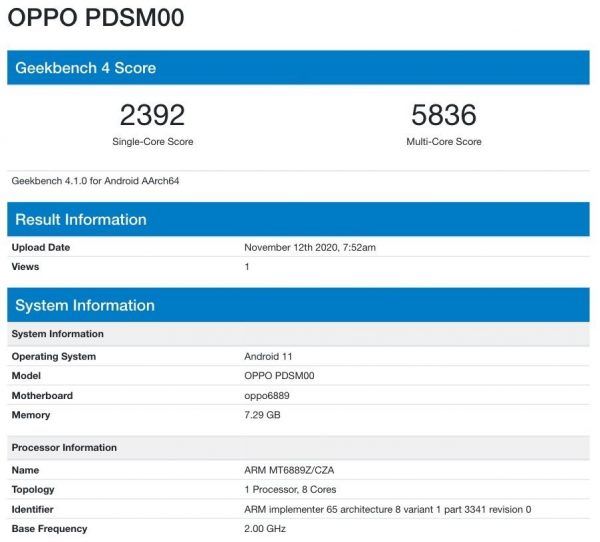 oppo reno 5 pro geekbench