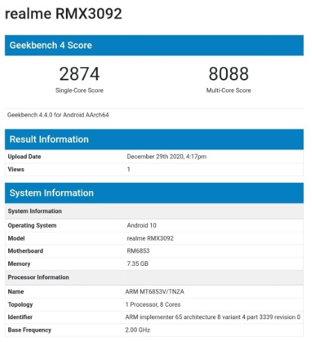 presunto realme 8 su geekbench