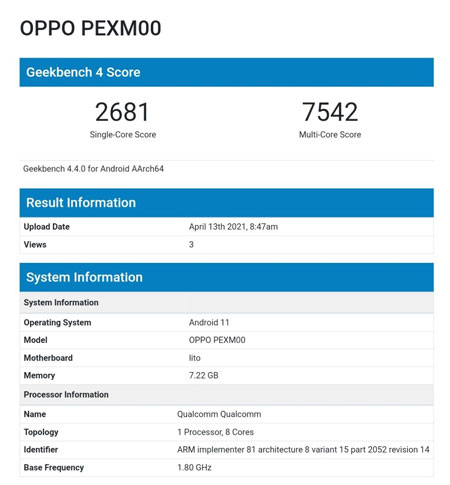 presunto oppo reno6 geekbench