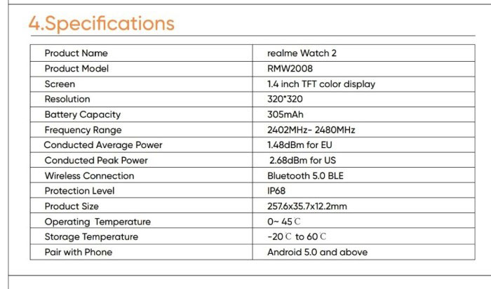 realme watch 2 specifiche