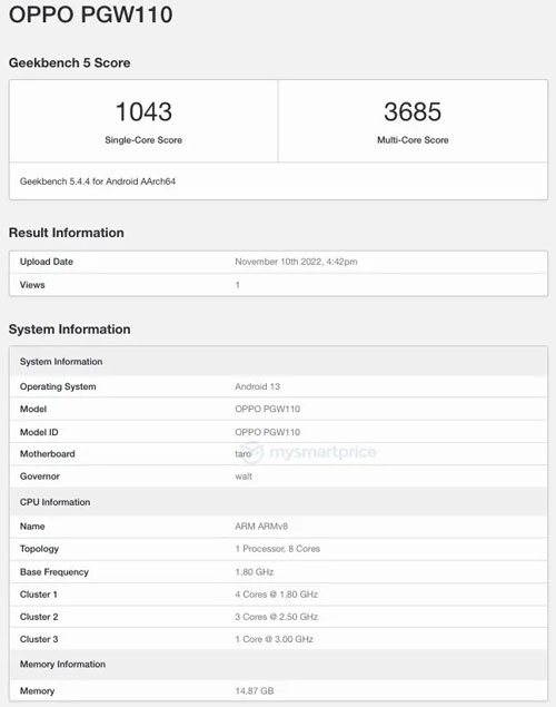 presunto oppo reno9 geekbench