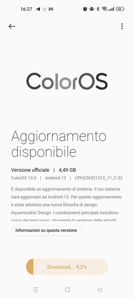 aggiornamento OPPO Reno7 ColorOS 13